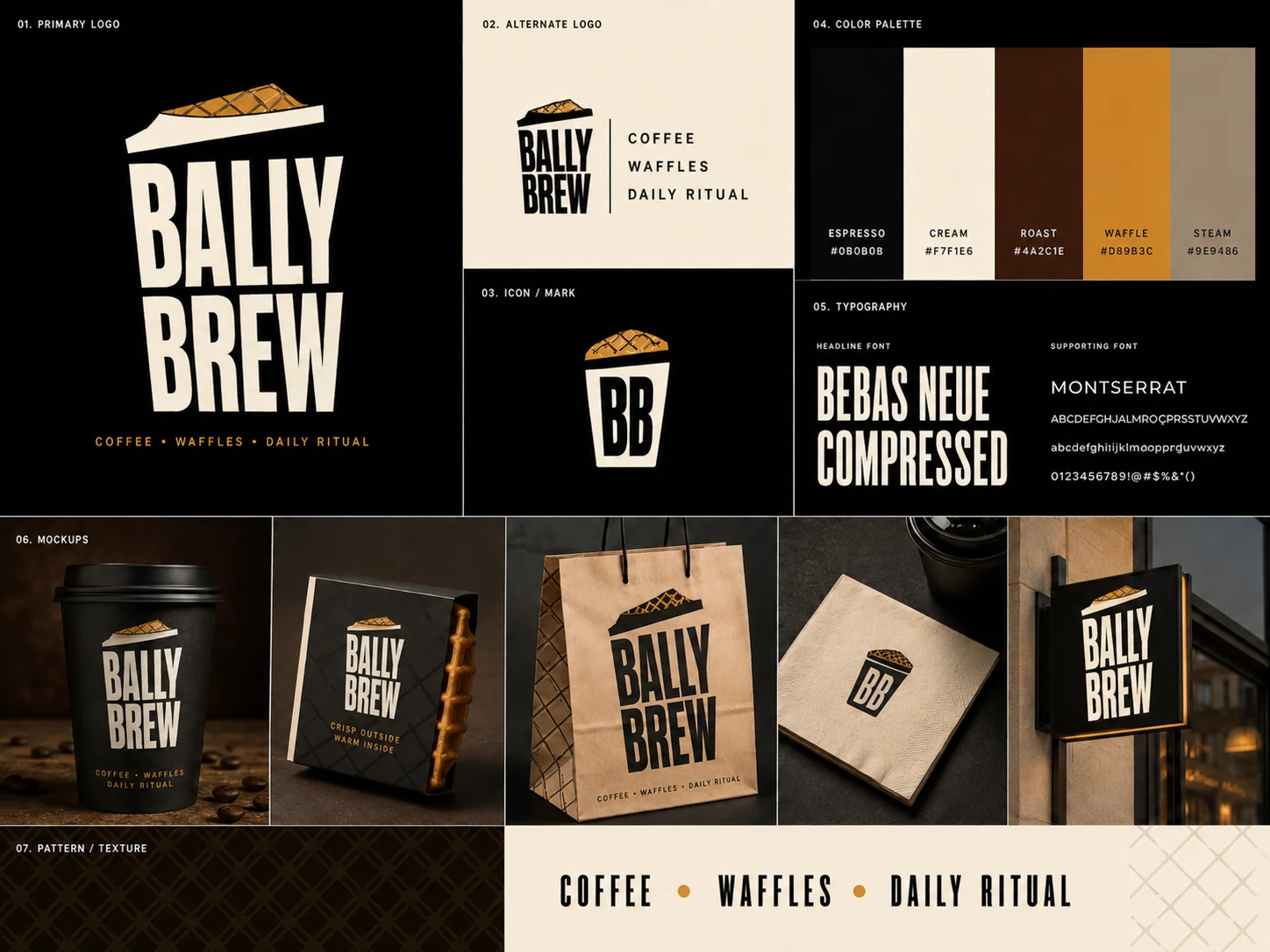 Bally Brew identity board: wordmark, cup-and-waffle icon, BB monogram, palette and type