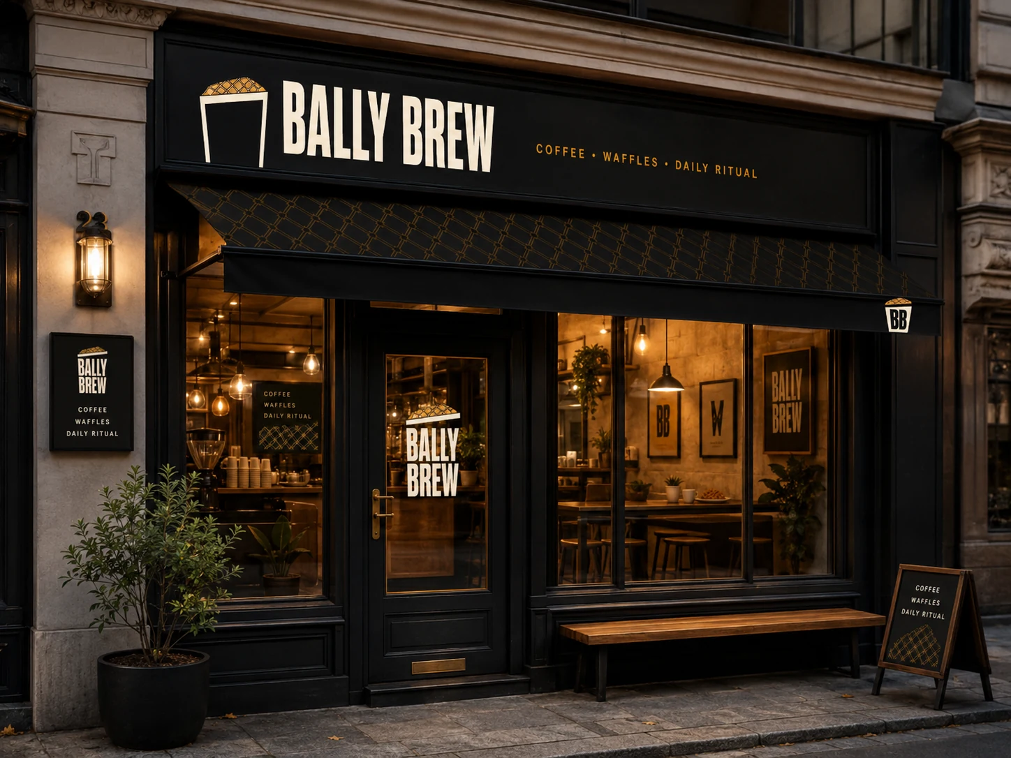 Bally Brew black-facade storefront with gold lettering, a hanging sign and an A-frame