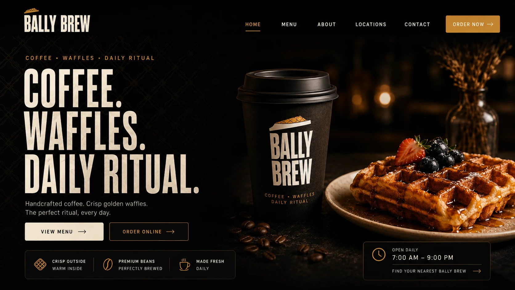 Bally Brew website hero: COFFEE. WAFFLES. DAILY RITUAL. with the cup-and-waffle shot, View Menu and Order Online