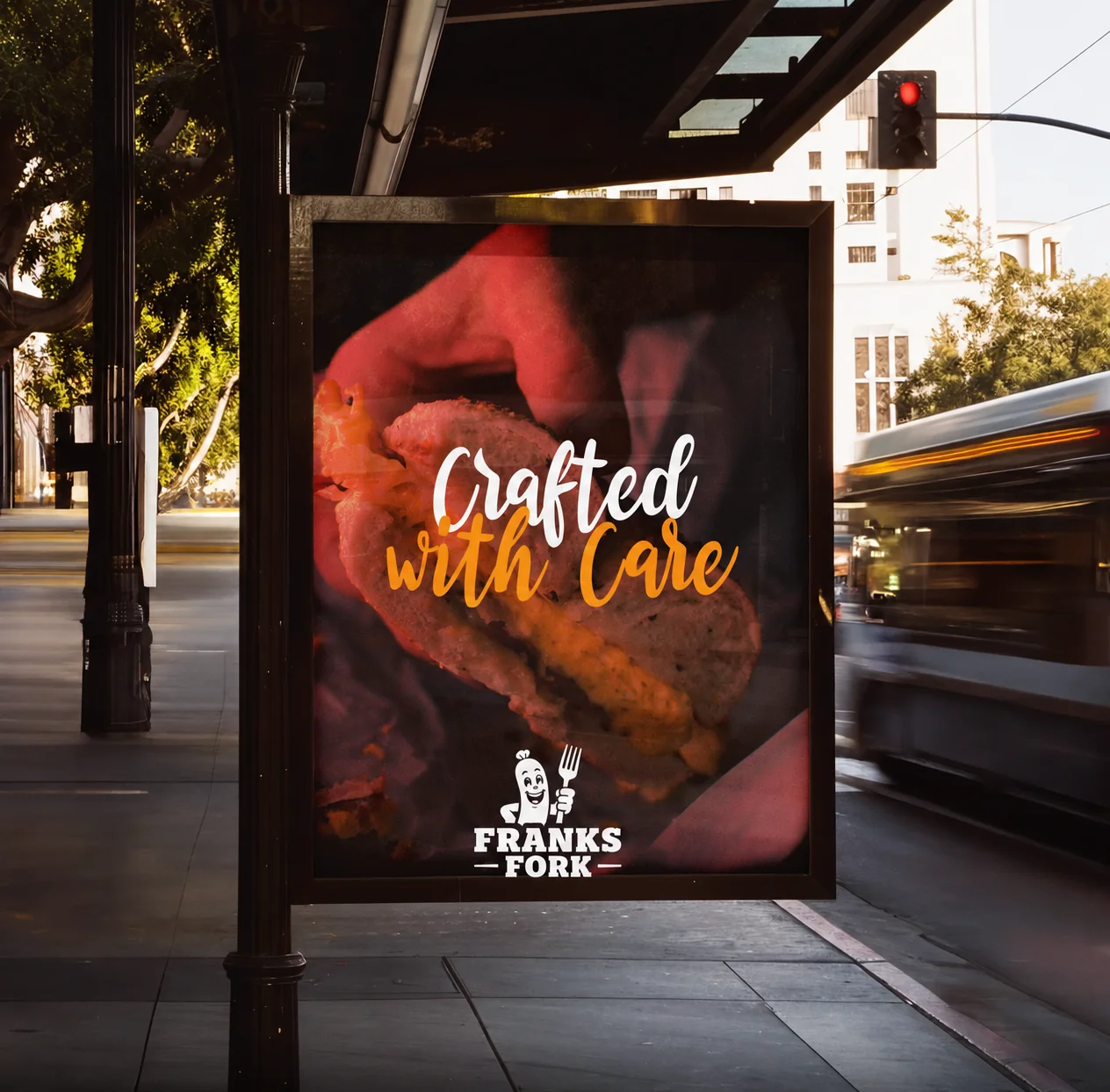 Franks Fork dark bus-shelter poster reading Crafted with Care