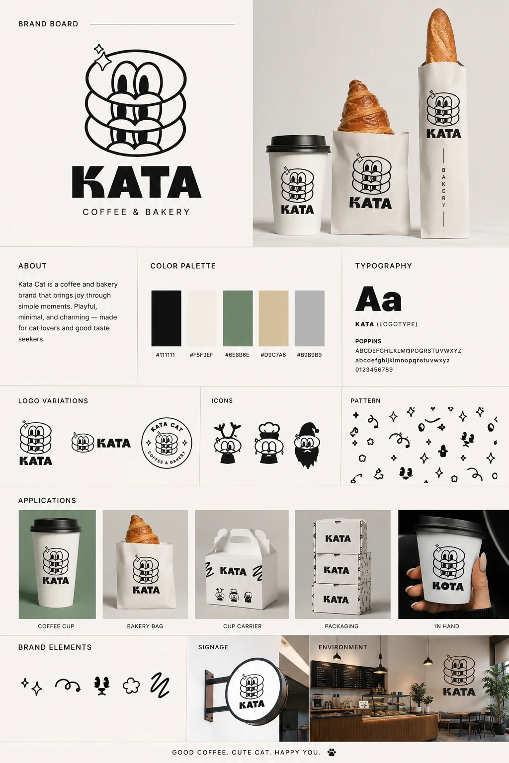 Kata Cat identity board: packaging, cup carrier and the doodle pattern