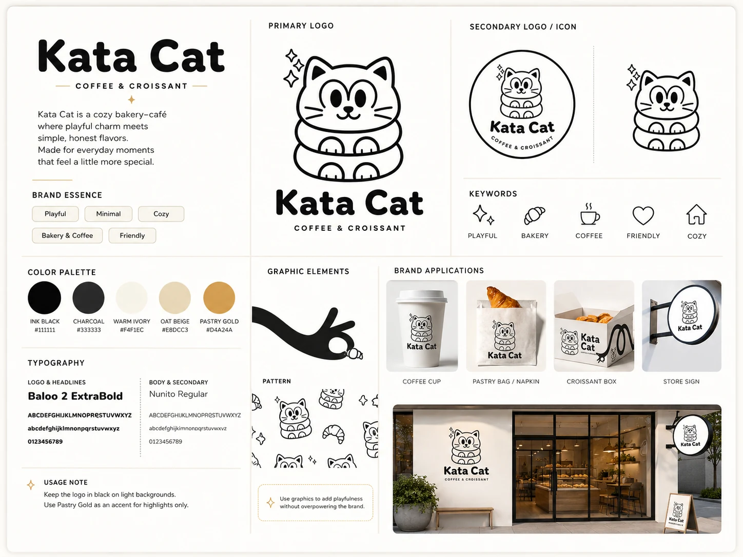 Kata Cat bakery brand board with the line-art cat mascot and wordmark