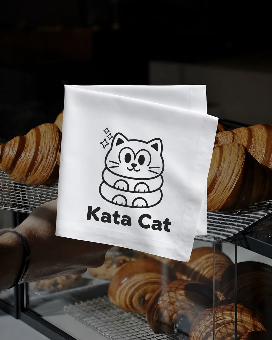 A Kata Cat tea towel hung in front of the pastry case