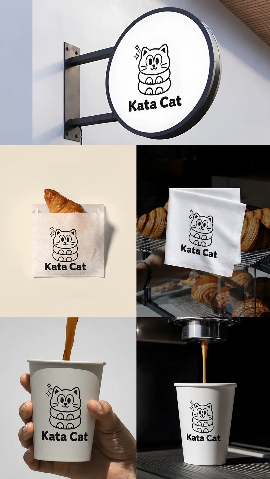 Kata Cat round hanging shop sign, pastry bag and coffee cups together
