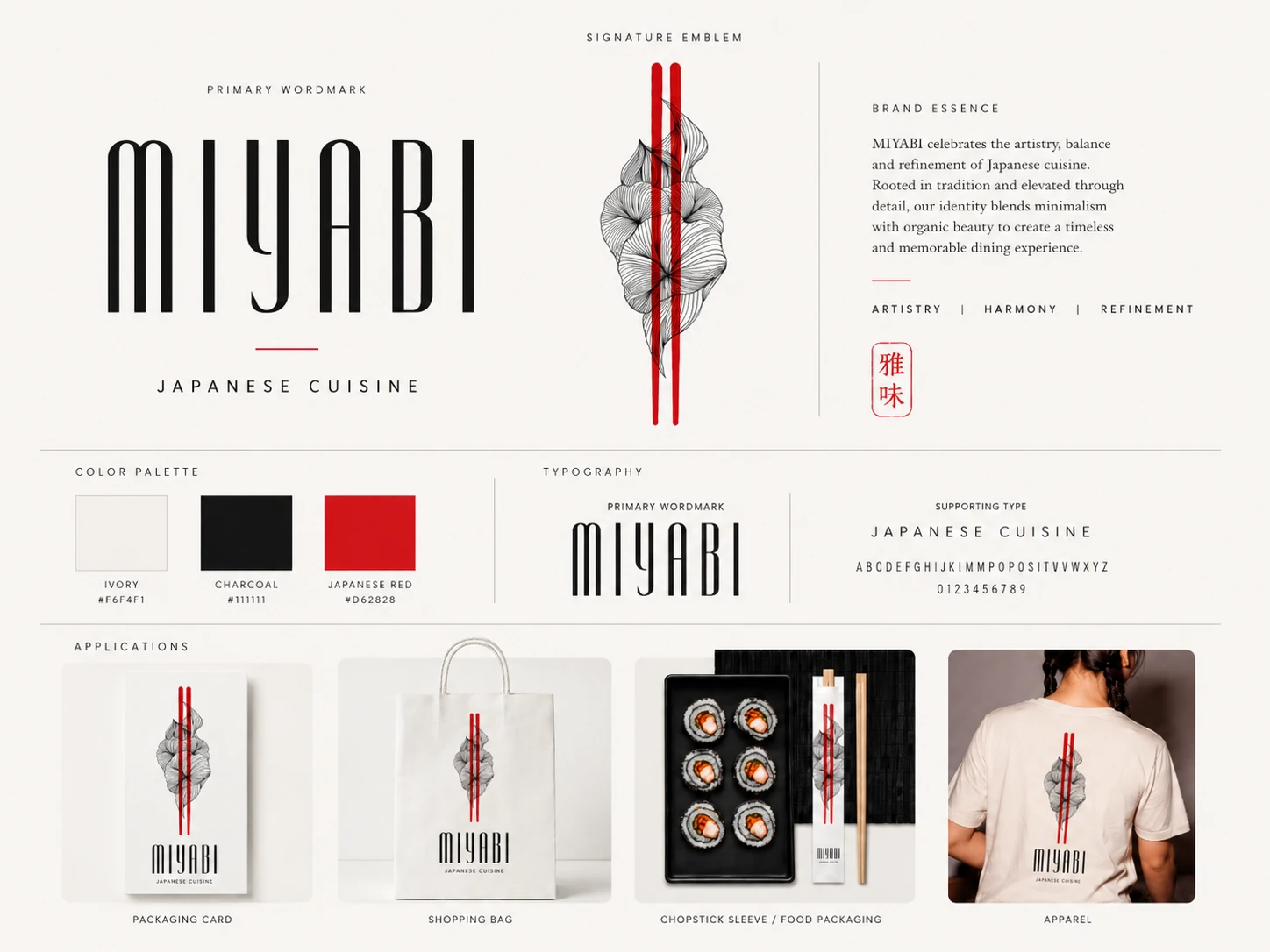 Miyabi identity board: wordmark, emblem, palette and applications