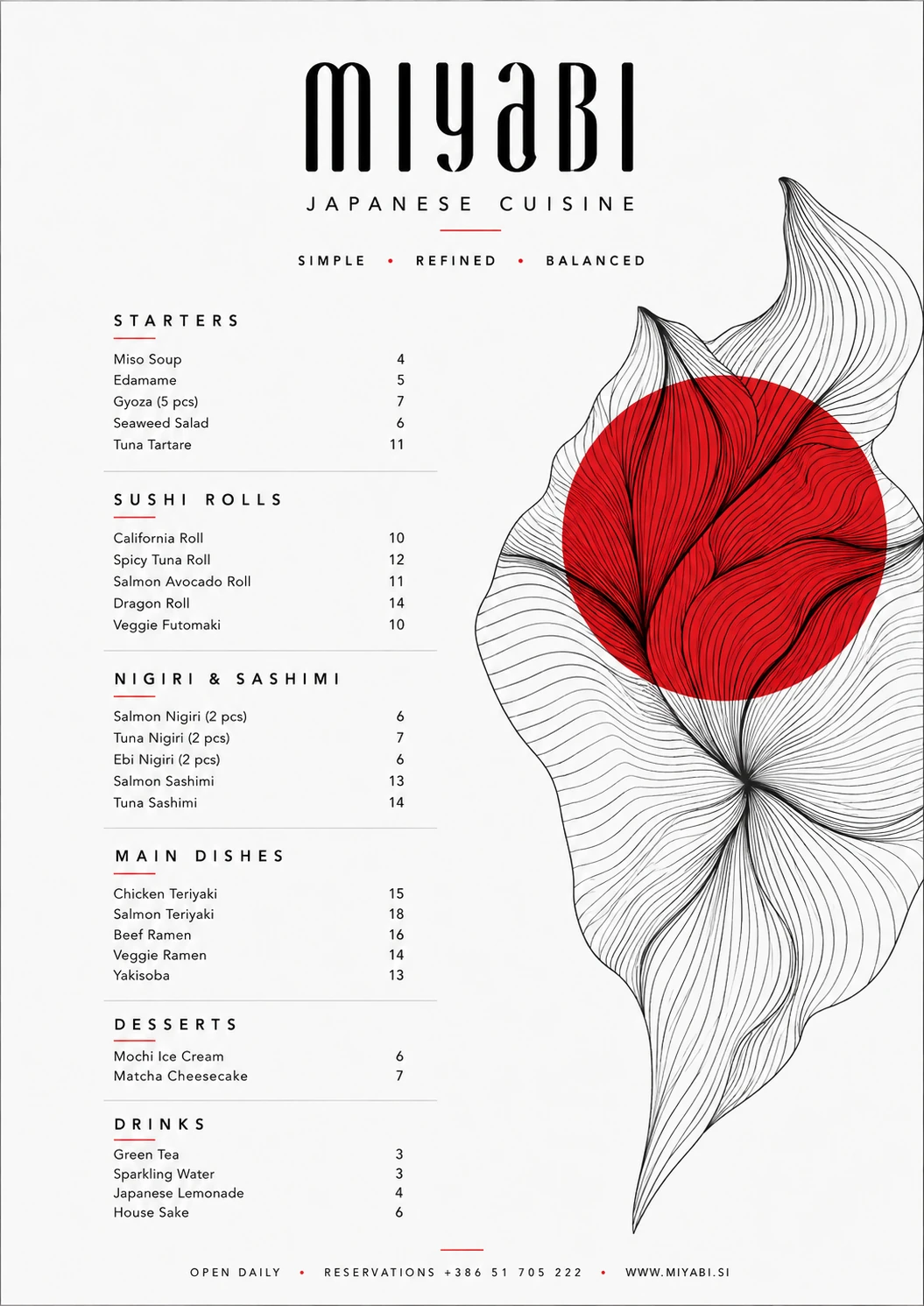 Miyabi printed food menu with the hinomaru and line-art florals