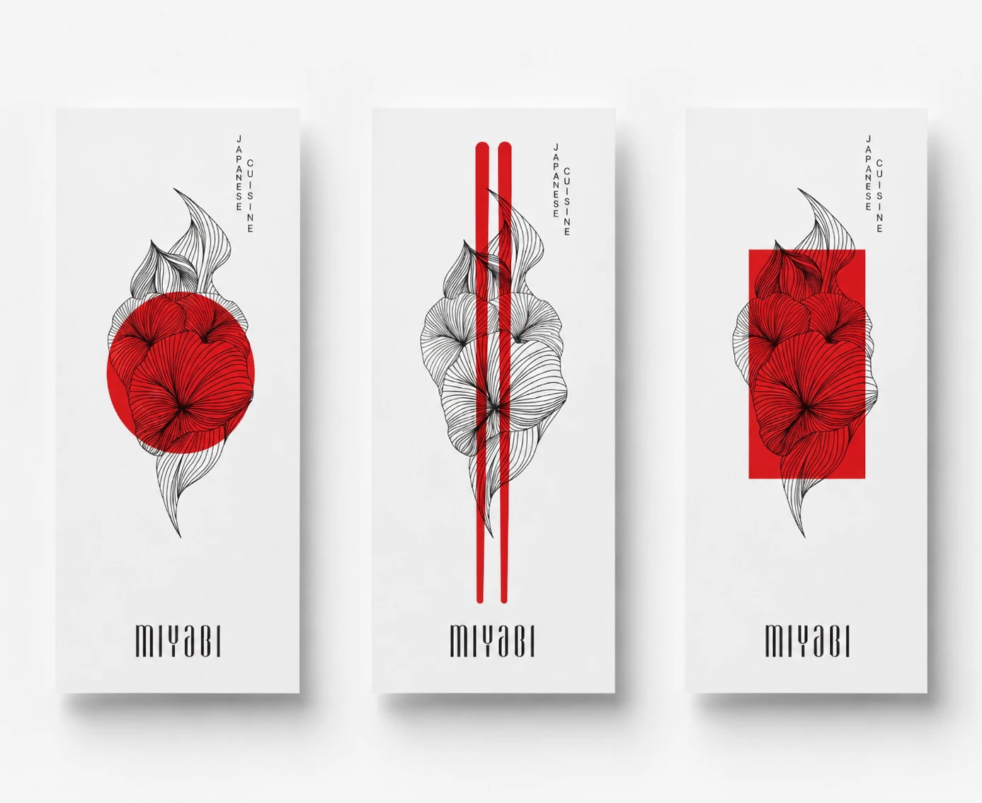 Three Miyabi white packaging panels with hinomaru, line-art florals and vertical Japanese type