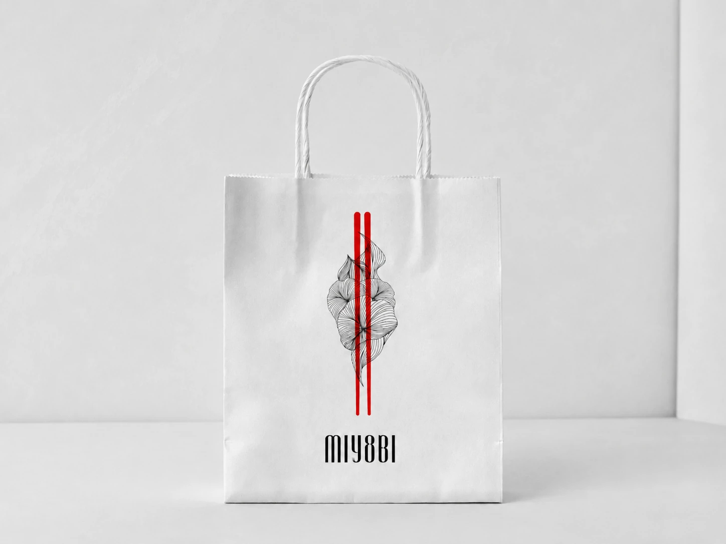 Miyabi white shopping bag with two vertical red lines and a line-art floral