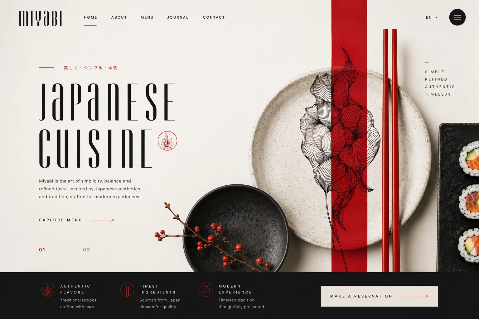 Miyabi website hero: a vast ivory field, the wide-tracked wordmark, the camellia-and-hinomaru emblem, with Explore Menu and Make a Reservation