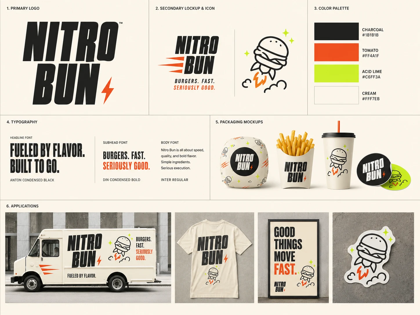 Nitro Bun identity board: wordmark, rocket-burger mark, palette, type and packaging