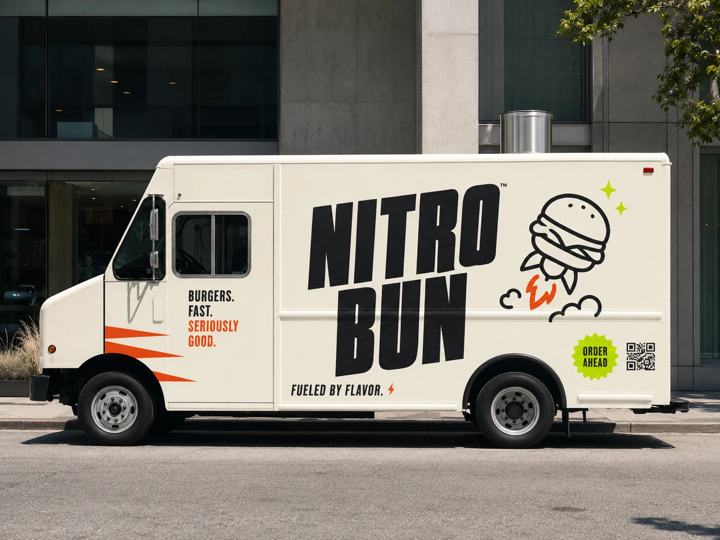 Nitro Bun food truck in full livery with the rocket-burger mark and speed-streaks
