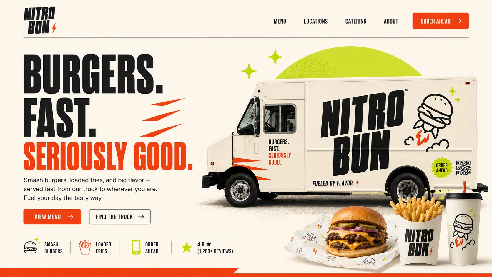 Nitro Bun mobile-first website: hero with the truck and rocket-burger, Find the Truck and Order Ahead