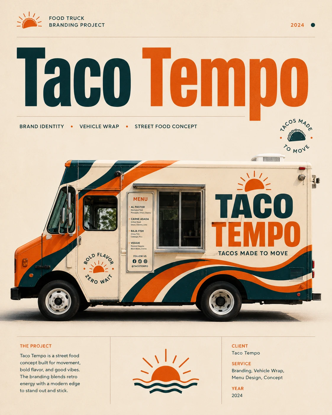 Taco Tempo brand board: wordmark, sun mark, motif kit and applications