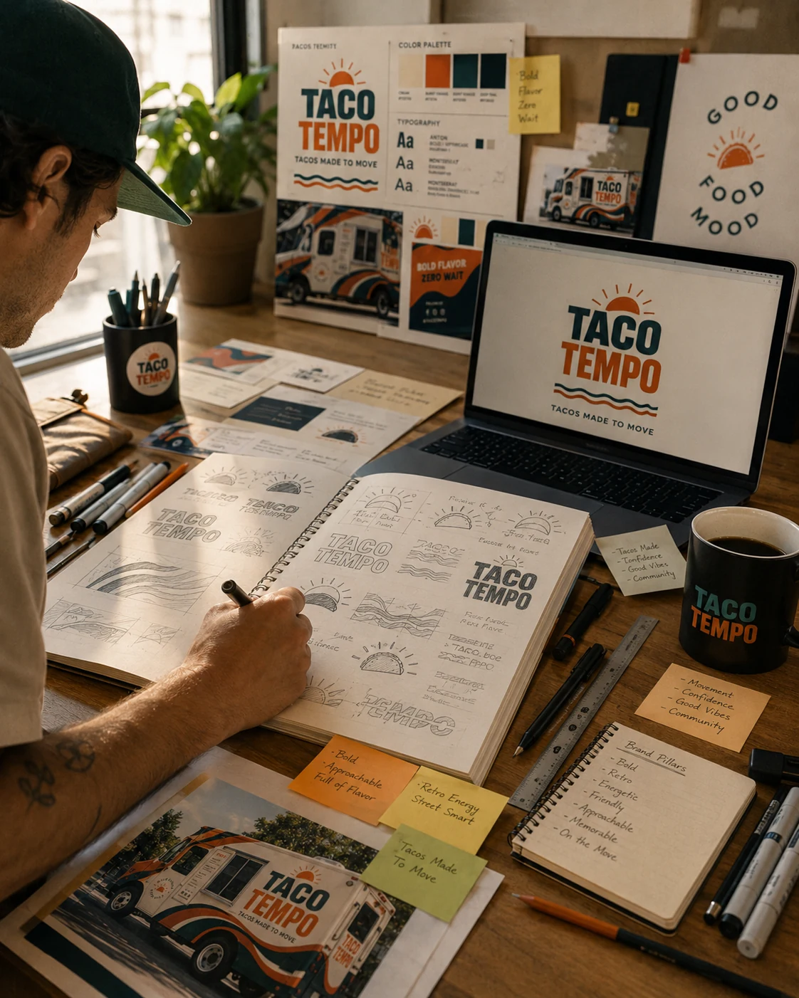 Taco Tempo design process: sun-mark sketches, wave kit, palette and the wrap mocked up
