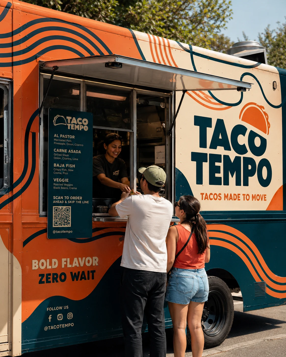 Taco Tempo truck service window with the menu board and order-ahead prompt