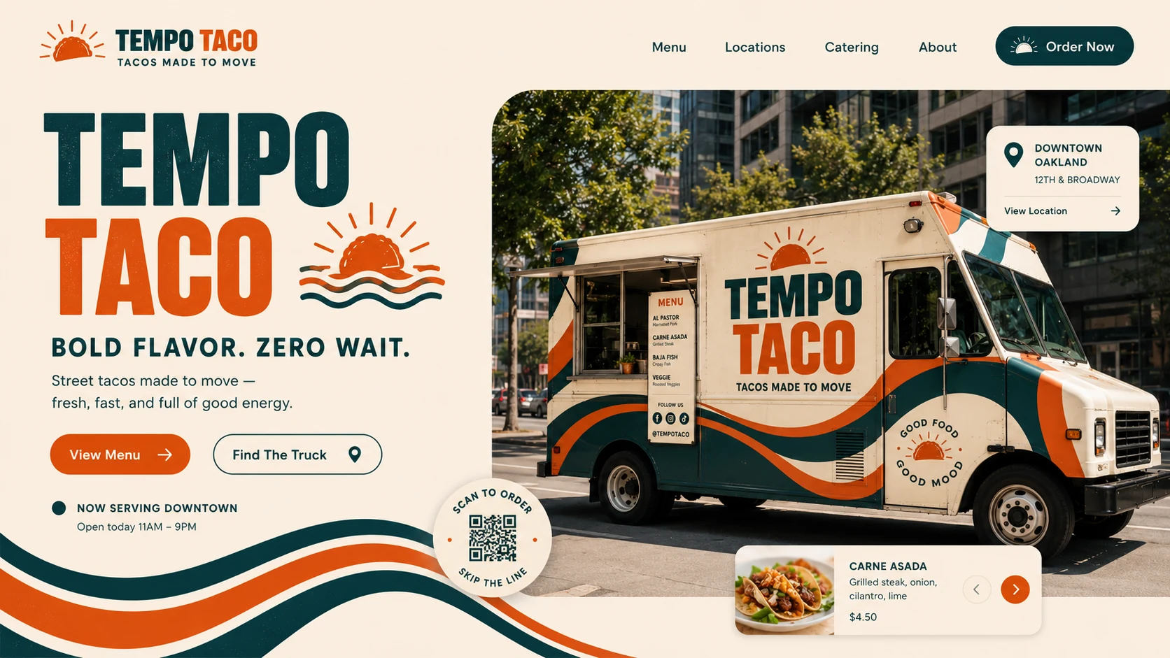Taco Tempo website hero: Bold flavor, zero wait, with View Menu and Find The Truck over the truck