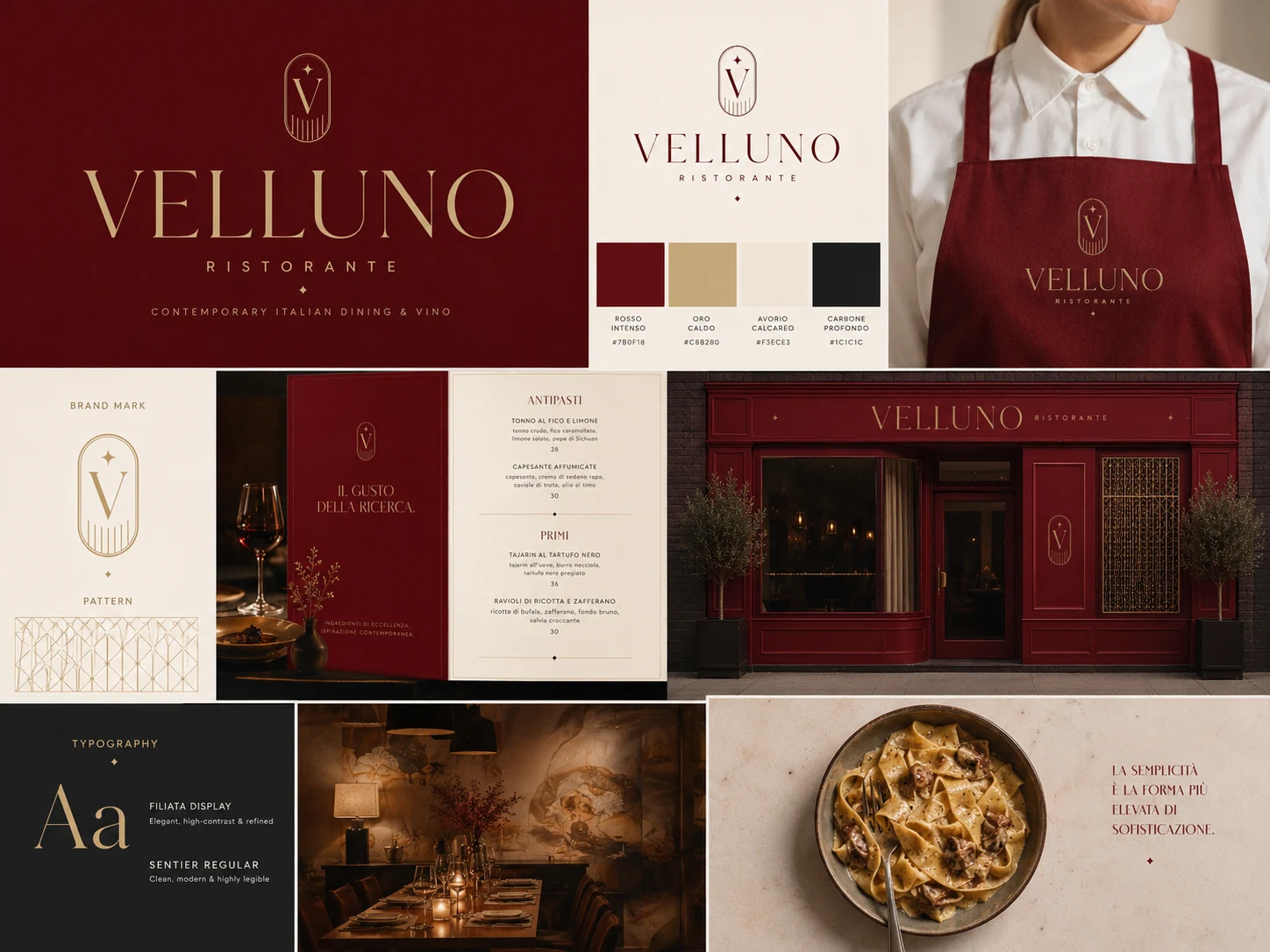 Velluno brand board: serif wordmark, gold crest, wine-and-candlelight palette and applications