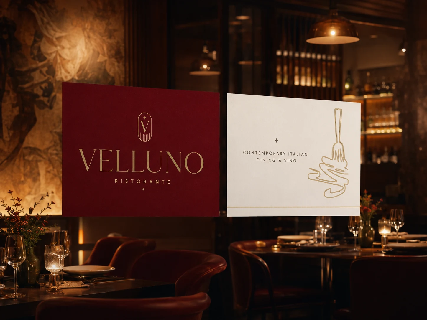 Velluno identity in the warm-lit room: wordmark and gold line-art emblem on bordeaux