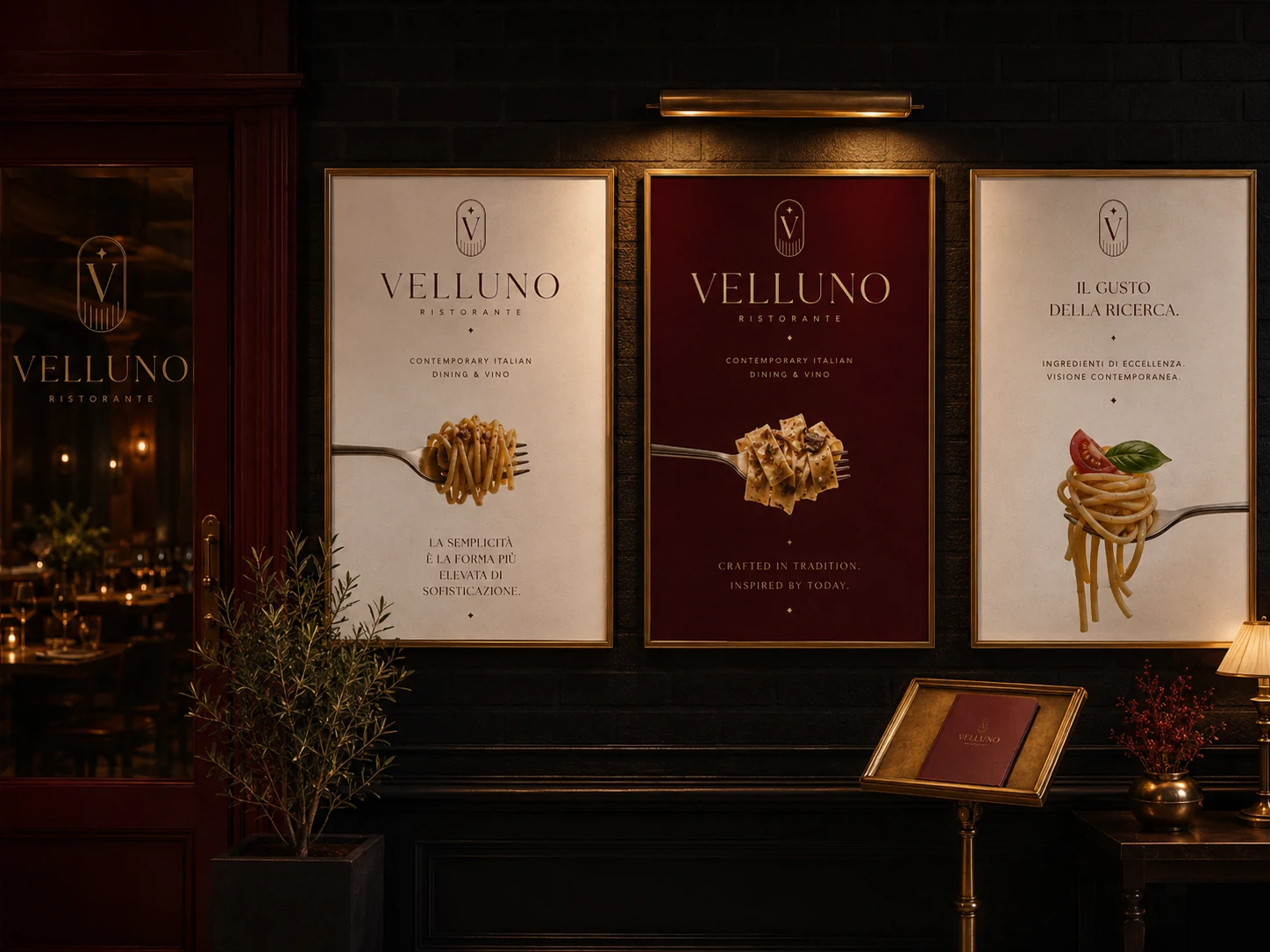 Framed Velluno menu posters with the serif and gold pasta line-art in the room