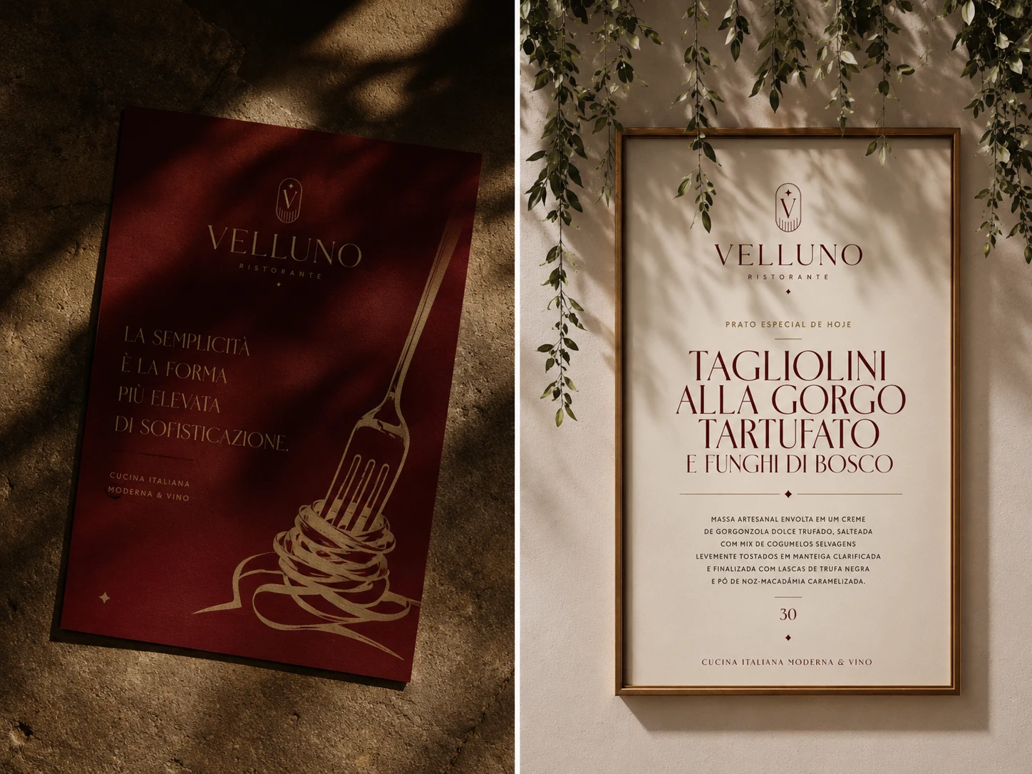 Velluno printed menu with the gold crest on bordeaux and a framed special