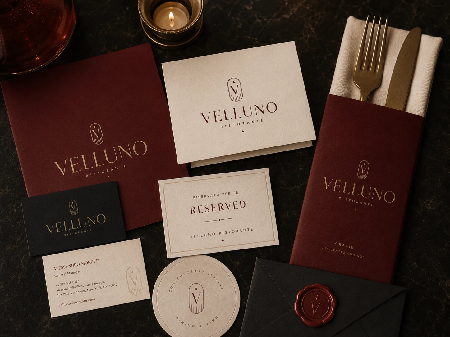 Velluno stationery suite: business cards, a reserved card and a wax-sealed envelope