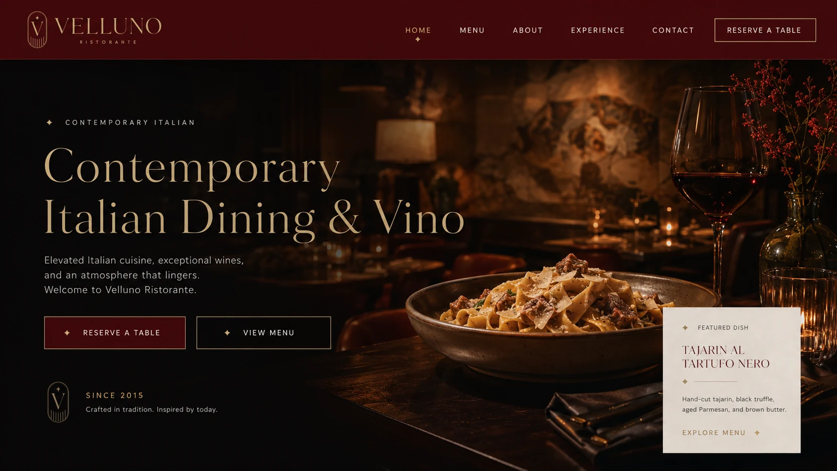 Velluno website hero: a dark, candlelit page with the serif wordmark, Reserve a Table and View Menu
